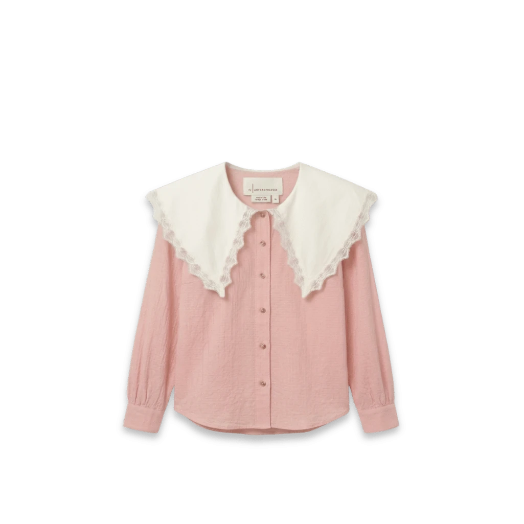 A soft pink button-down blouse featuring a large white lace-edged statement collar for a timeless & vintage-inspired wardrobe – Maison Citrose