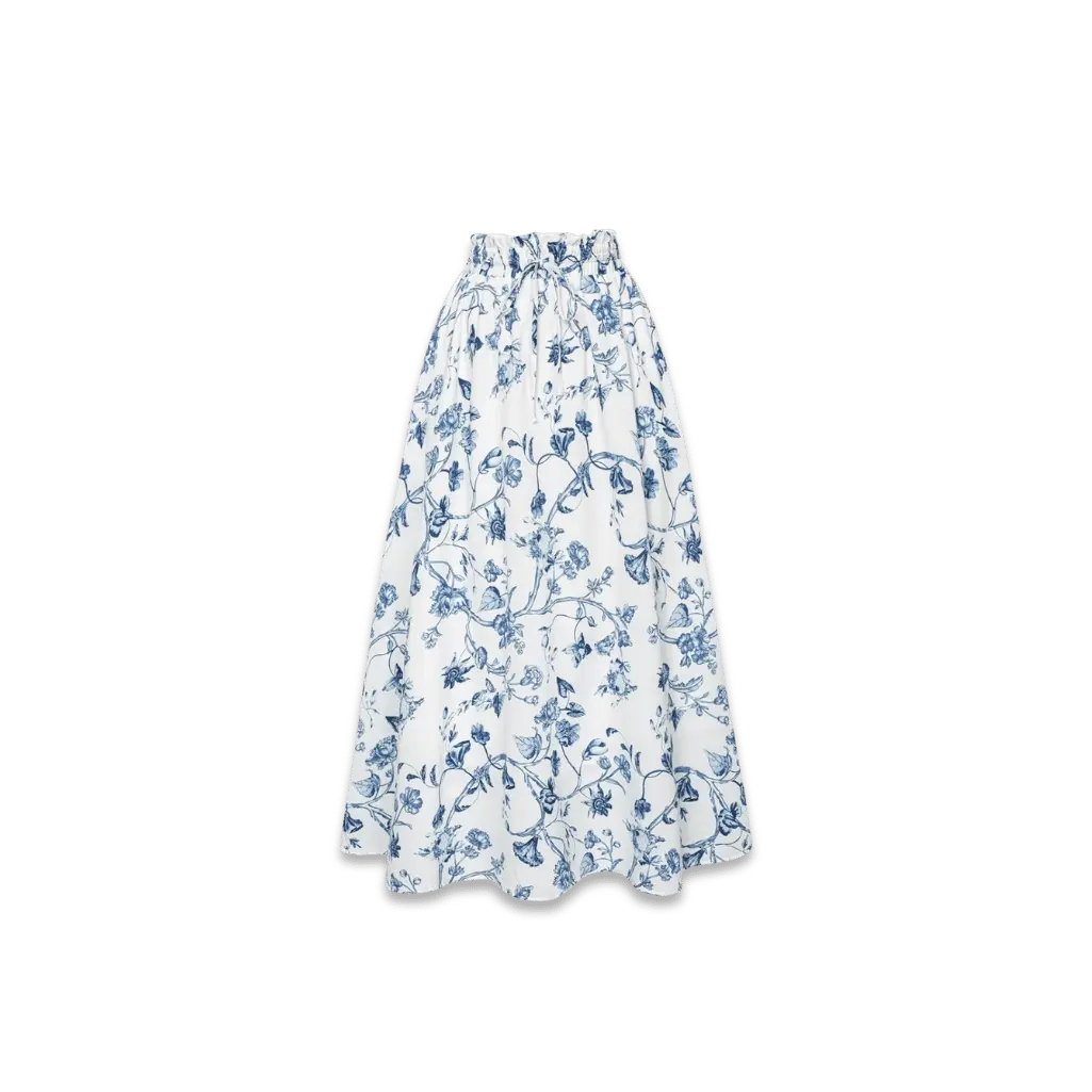 A high-waisted white midi skirt with a blue floral toile de Jouy pattern, perfect for a timeless & vintage-inspired wardrobe – Maison Citrose
