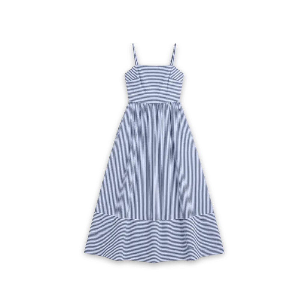 A blue and white vertical striped cotton midi dress with thin straps, a classic choice for a timeless & vintage-inspired wardrobe – Maison Citrose