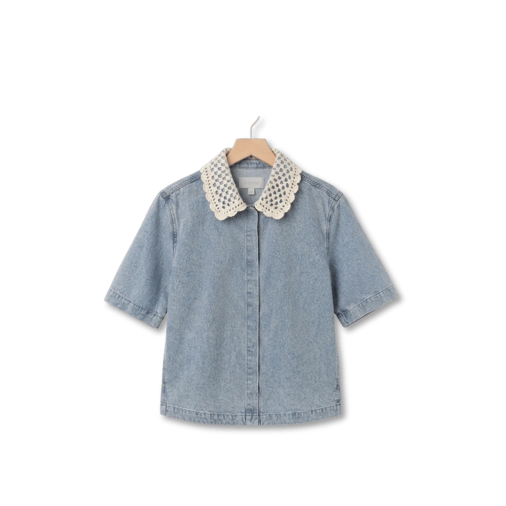 A short-sleeved blue denim shirt updated with a white crochet lace collar for a timeless & vintage-inspired wardrobe – Maison Citrose