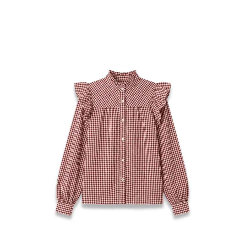A long-sleeved red gingham blouse with ruffle shoulder details and a high neck for a timeless & vintage-inspired wardrobe – Maison Citrose