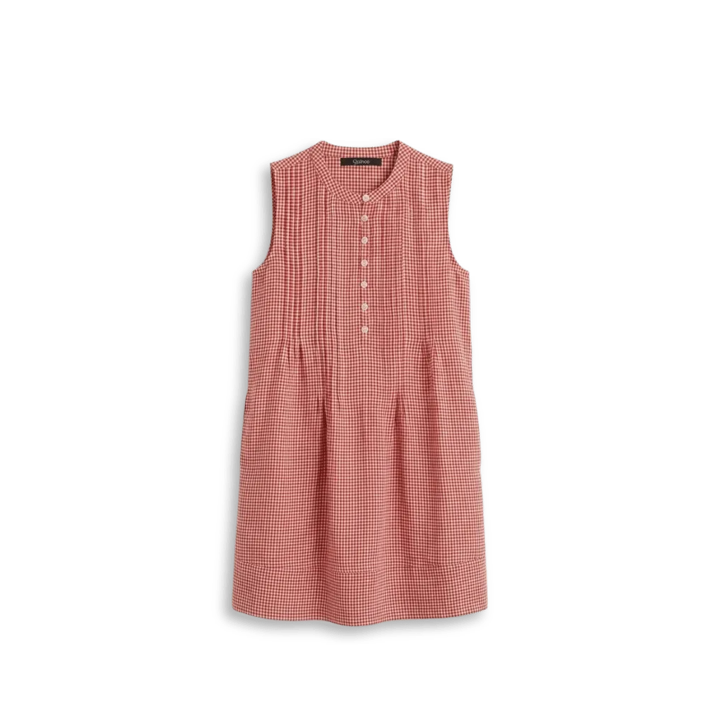 A sleeveless red and white gingham check dress with button details, essential for a timeless & vintage-inspired wardrobe – Maison Citrose