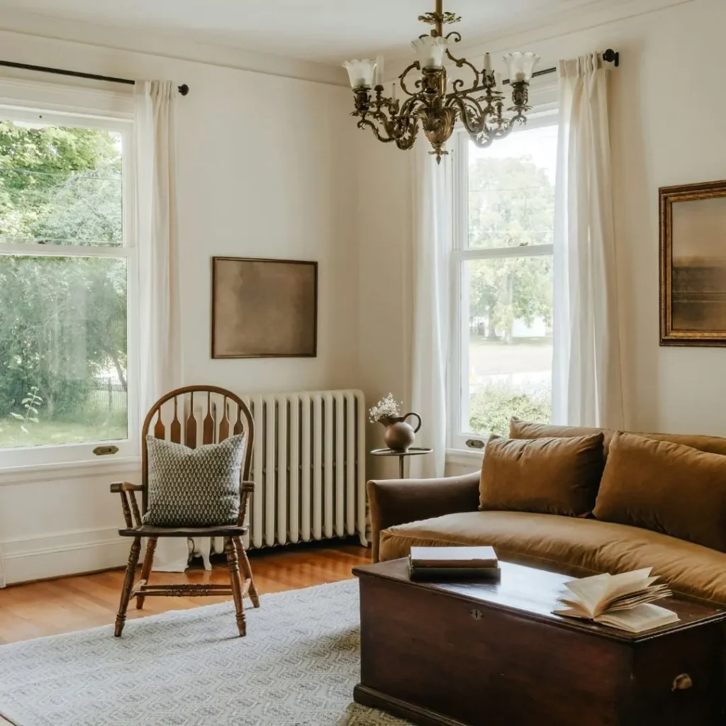 A sunlit living room with vintage furniture, white linen curtains, and a classic chandelier, reflecting a slow living home aesthetic.